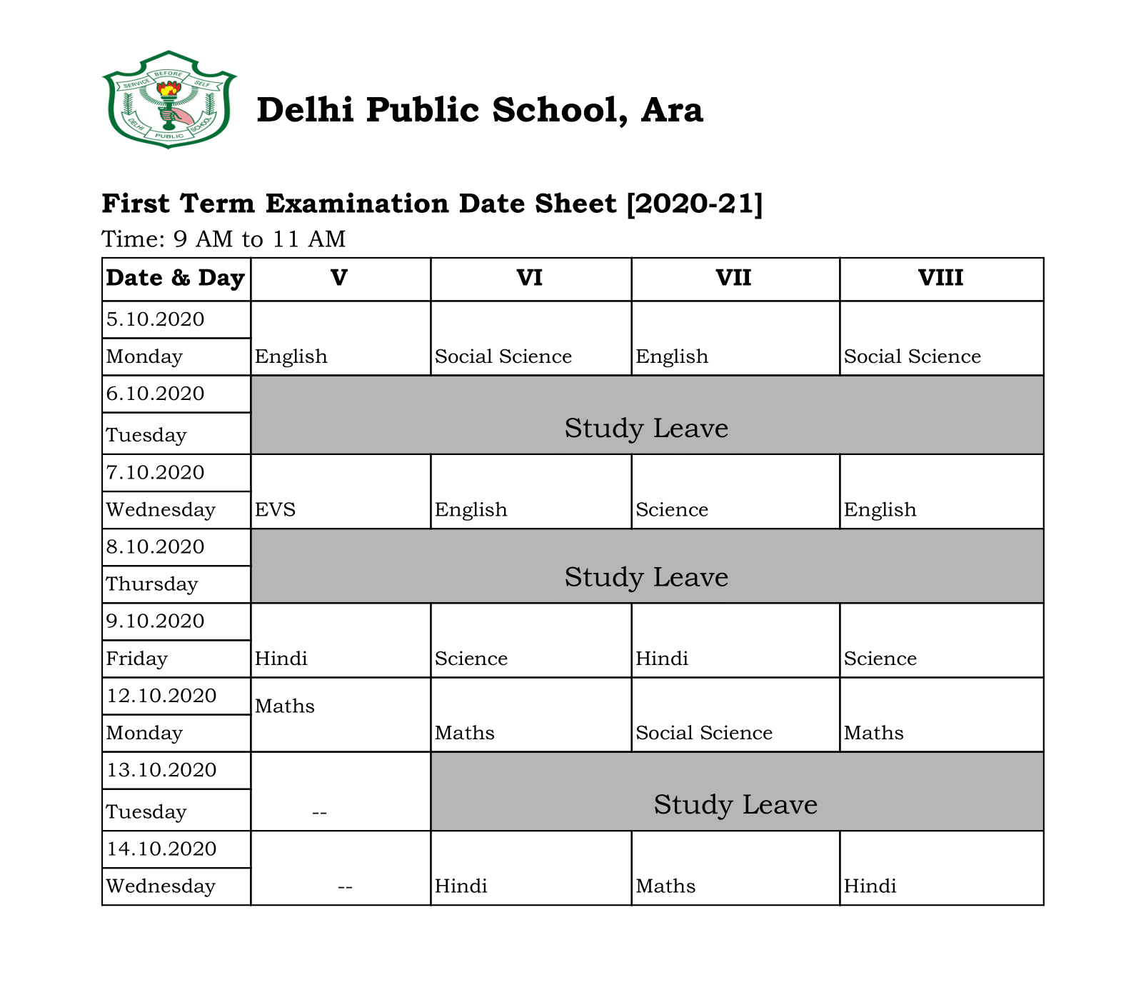 Fondos Telégrafo talento First Term Examination Date sheet (2020) - DPS Ara